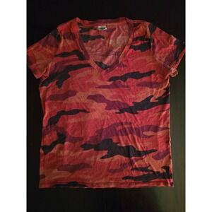 Victoria's Secret PINK Women Red Orange Camo V-Neck Short Sleeve T-Shirt Size M